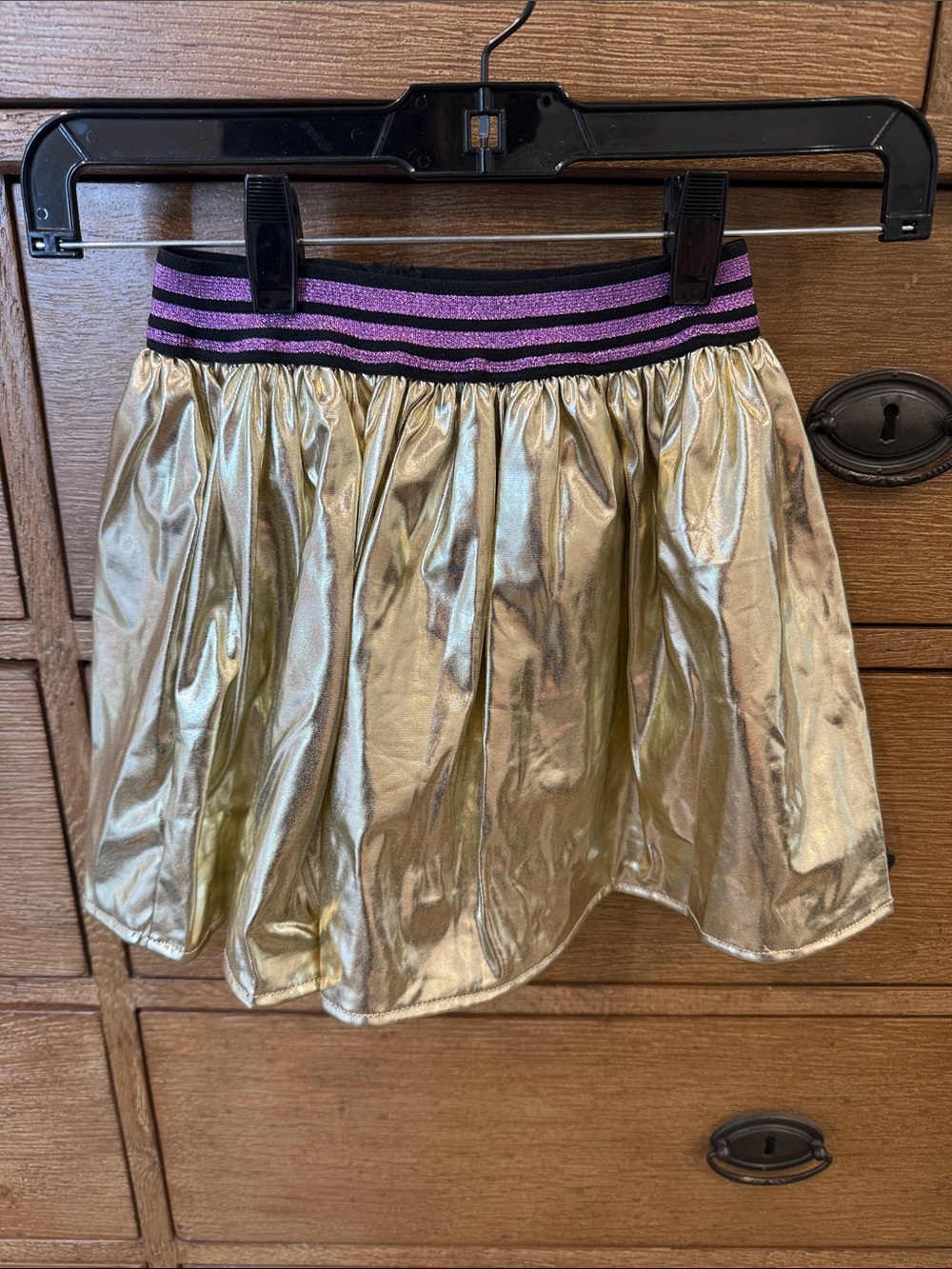 Lola and the Boys - Metallic Gold A-Line Skirt with Purple-Trim Waistband
